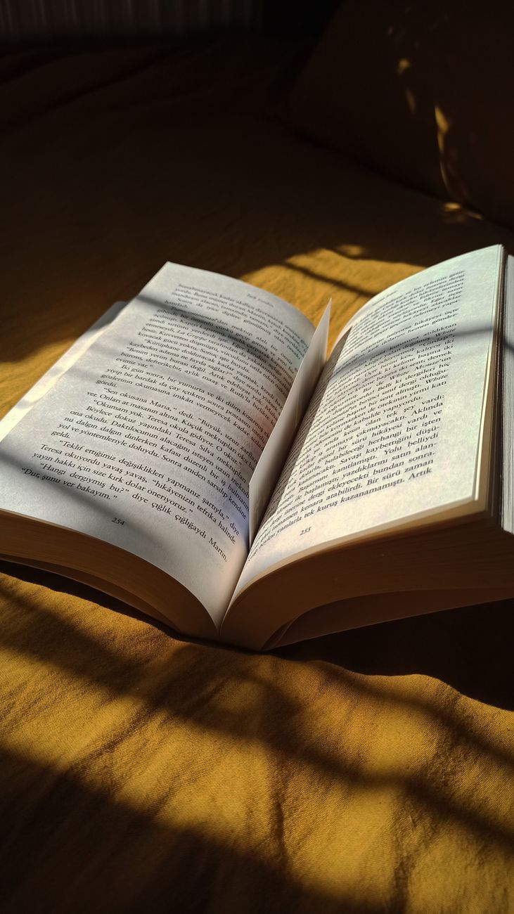 a book on a bed with sunlight shining through it